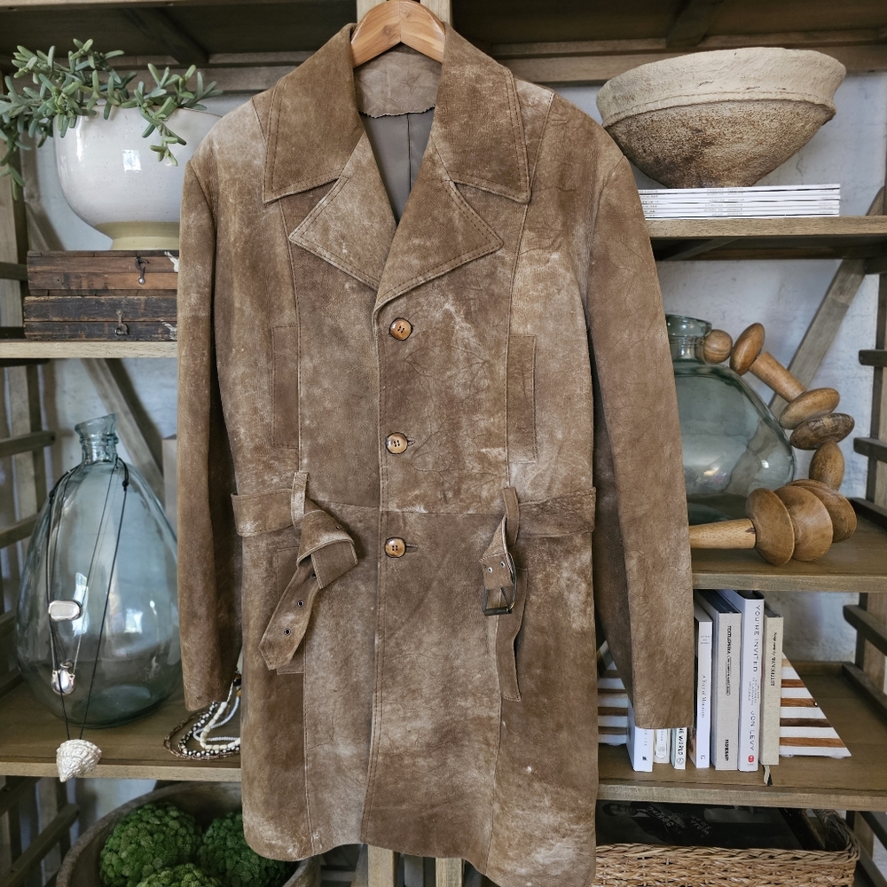 Vintage 70s Handmade Buckskin Suede Trench Coat Natural Undyed Leather Unisex